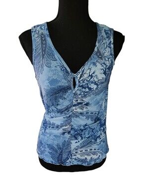 Vintage 90s Y2K Bodycon Keyhole Floral Blue Sleeveless Top Sz S
